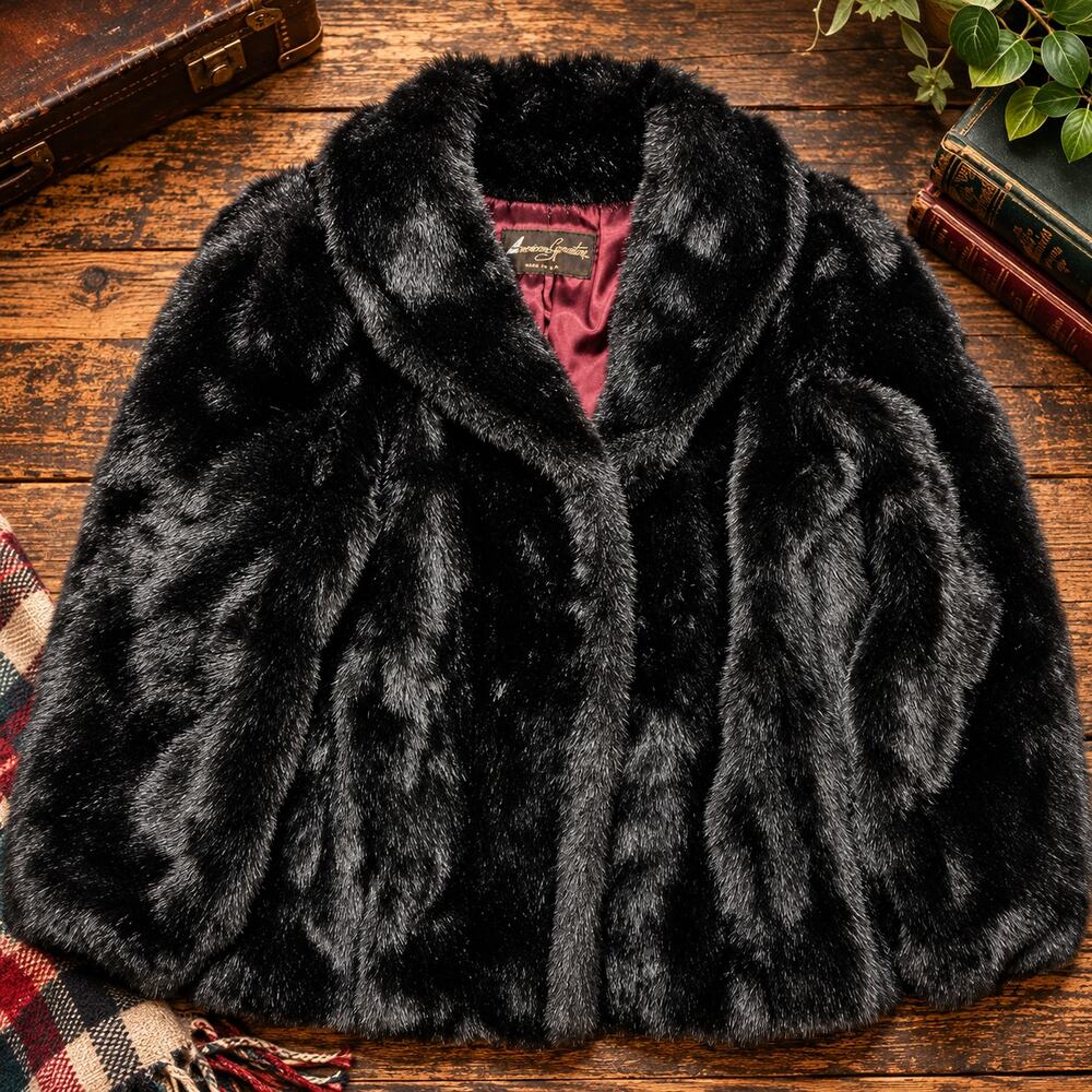 American Signature Black Faux Fur Coat Womens Size 14 Made USA Vintage Glam
